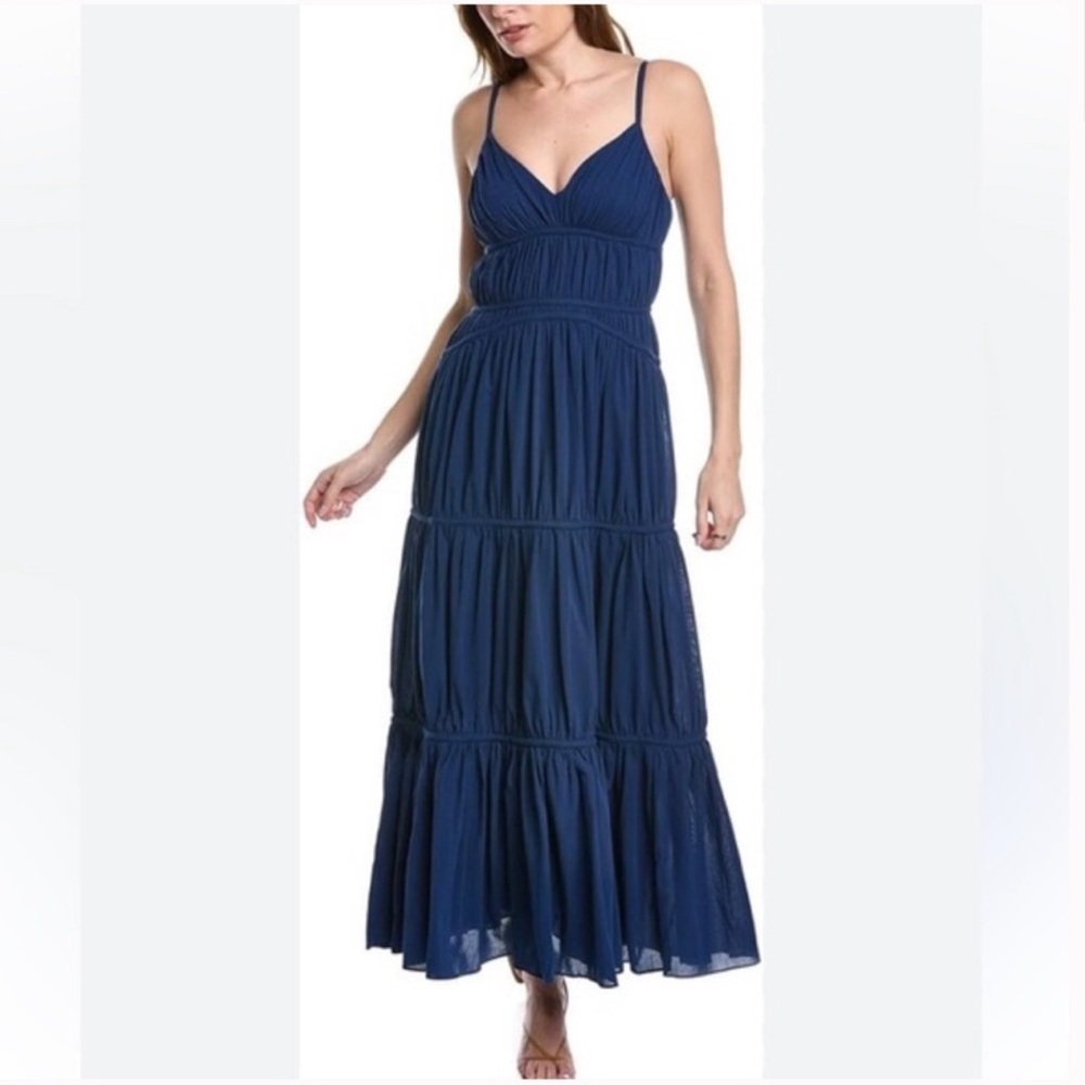 Trina Turk Women Gemma Blue lined Tiered Gathered Ruffles Maxi Dresses Sz 6 - Picture 1 of 13